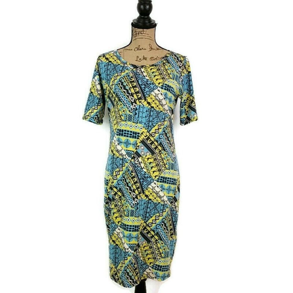 Lularoe Womens sz M Julia Pencil Dress Blue Yellow Abstract Print Short Sleeve
